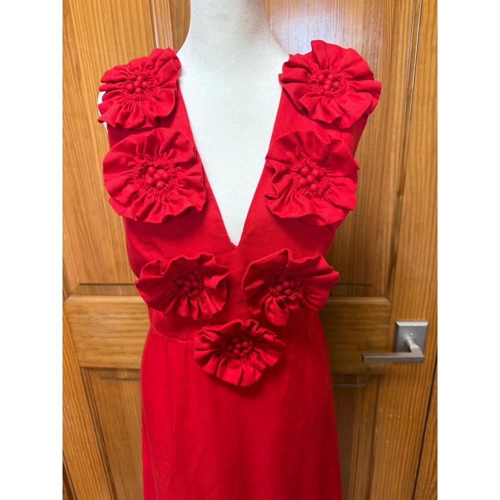 Farm Rio Red 3D Flower Euroflax Premium Linen Maxi Dress Large - Picture 3 of 16